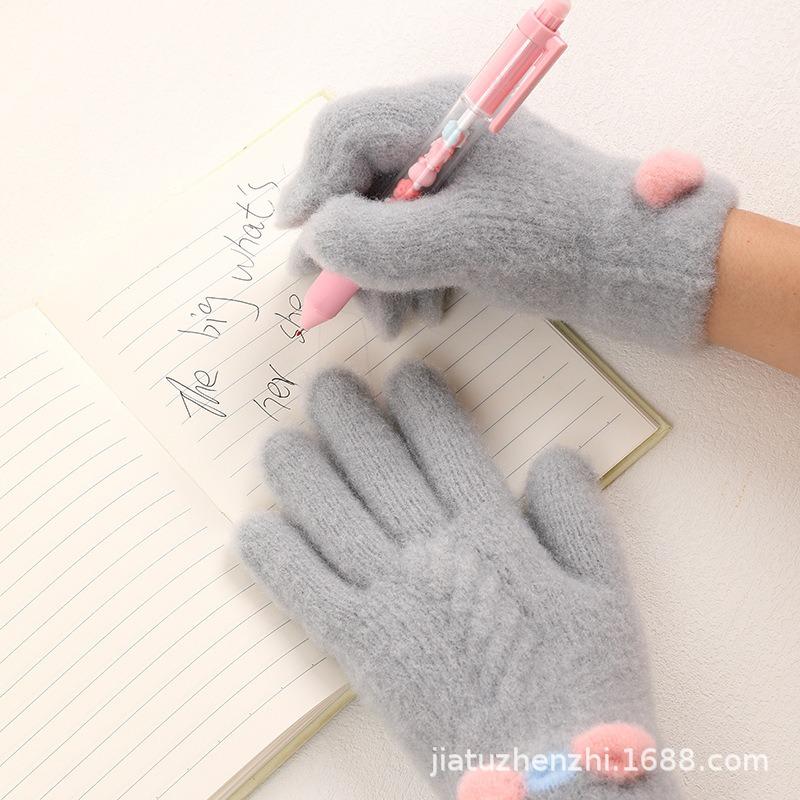 Winter Gloves Women's Velvet Thickened Five-finger Students Cute Knitted Cold-proof Riding Can Keep Warm Cycling Gloves