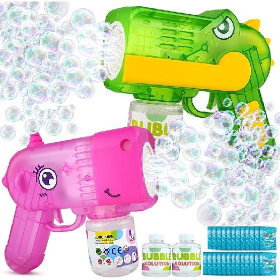Bubble Gun 2 Packs for Kids, Automatic Bubble Machine with 2 Bottles &25 Bags Refill Solution, LED Light Bubble Maker Gifts for Kids, Outdoor Game Fantastic monster
