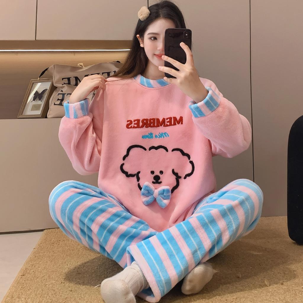 2025 Autumn Winter Warm Flannel Women Pyjamas Sets Thicken Coral Velvet Long Sleeve Cute Cartoon Sleepwear Flannel Pajamas Set for Young Girl