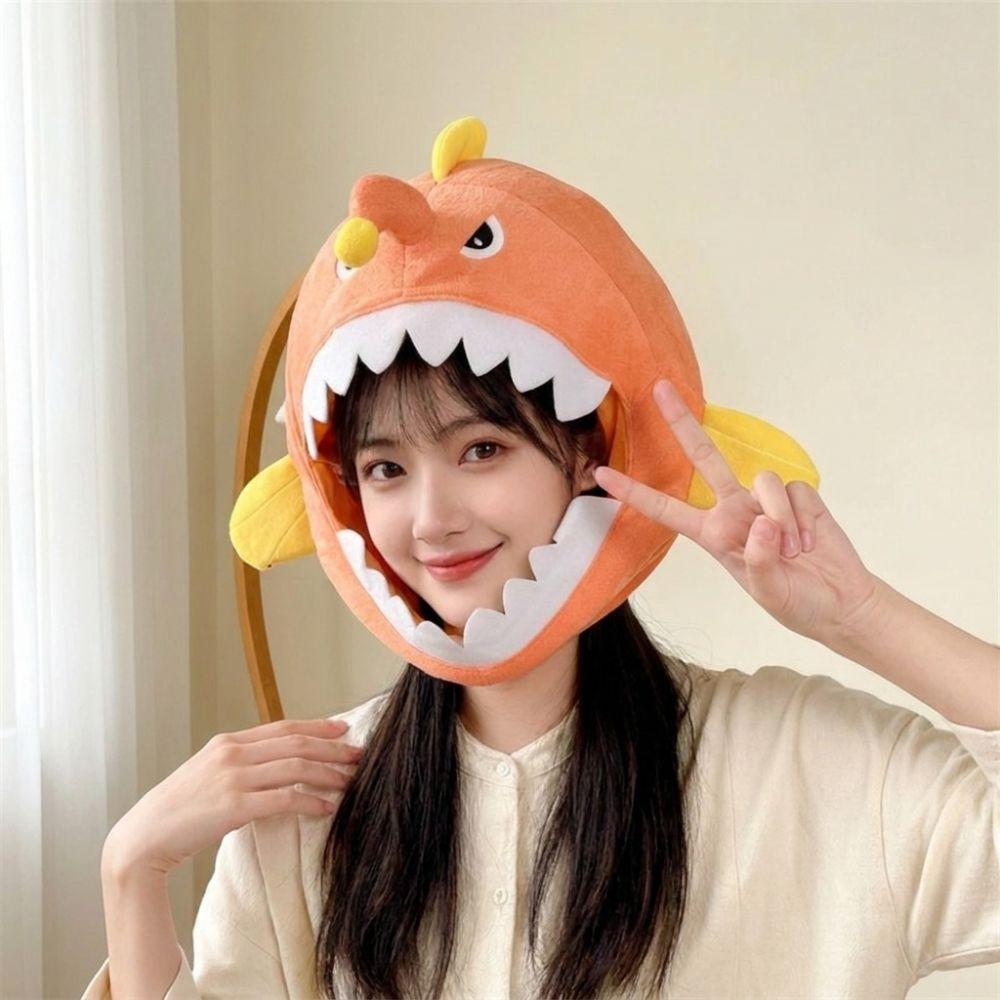 Soft Skin-friendly Cartoon Lanternfish Hat Cotton Filled Open Mouth Fish Cosplay Cap Big Mouth Fish Ocean Theme