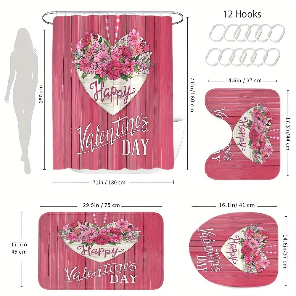 4Pcs Bathroom Shower Curtain Set Pink Flowers Bathroom Curtain With 12 Hooks Non Slip Rugs Toilet Cover Mat Bathroom Partition