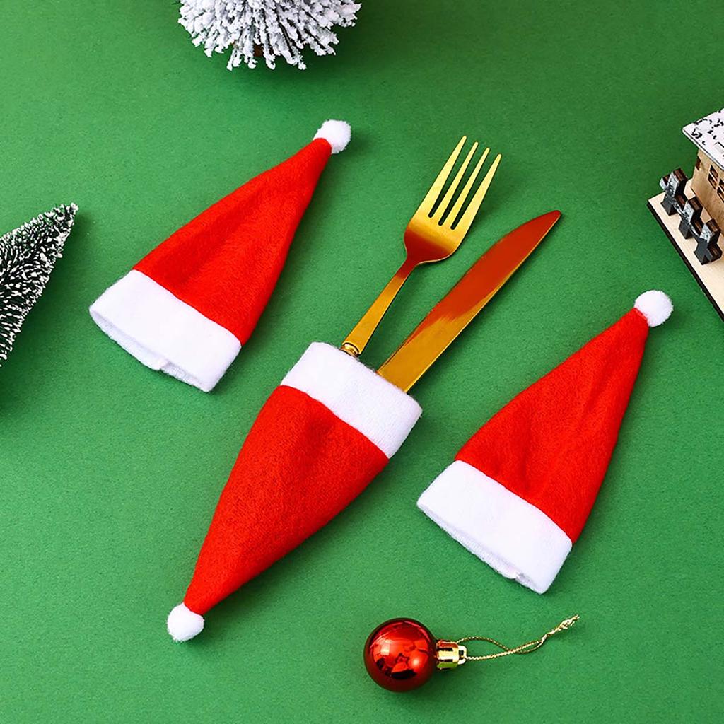 10pcs Christmas Cutlery Set With Santa Hat Shaped Cutlery Holder Decoration & Wine Bottle Cover, Mini Plush Knife Set, Christm