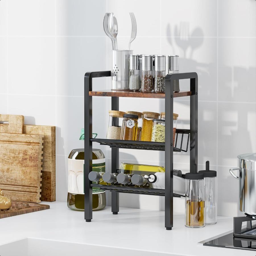 

3-ярусный органайзер для кухонной столешницыПолка для кофе с наклонной металлической сеткой и деревянной доскойМногофункциональная полка для специй для коф United States