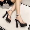 15Cm Ultra High Heel Thick Heel Waterproof Table Square Head Rhinestone Thin Belt Large Size Sandals Catwalk Shoes