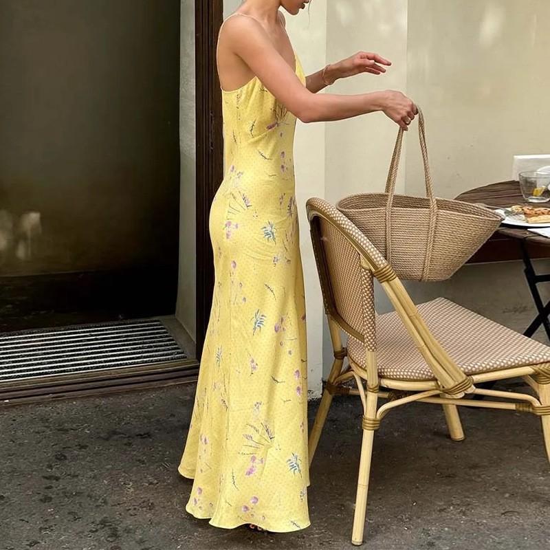2026 Womens Floral Print Sleeveless V-Neck High-Waist A-Line Maxi Dress Elegant Fit Casual Wear