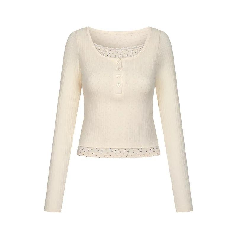 Camiseta de Manga Larga para Mujer Primavera y Otoño Estilo Francés Ajustada Ropa de Mujer con Falso Dos Encaje Y2k