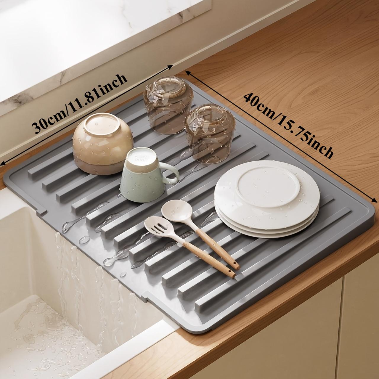 Thickened Silicone Kitchen Drain Mat, Non-Slip Heat-Resistant Waterproof Sink Countertop Draining Pad with Drainage Channels, Rollable Dish Drying Mat серый