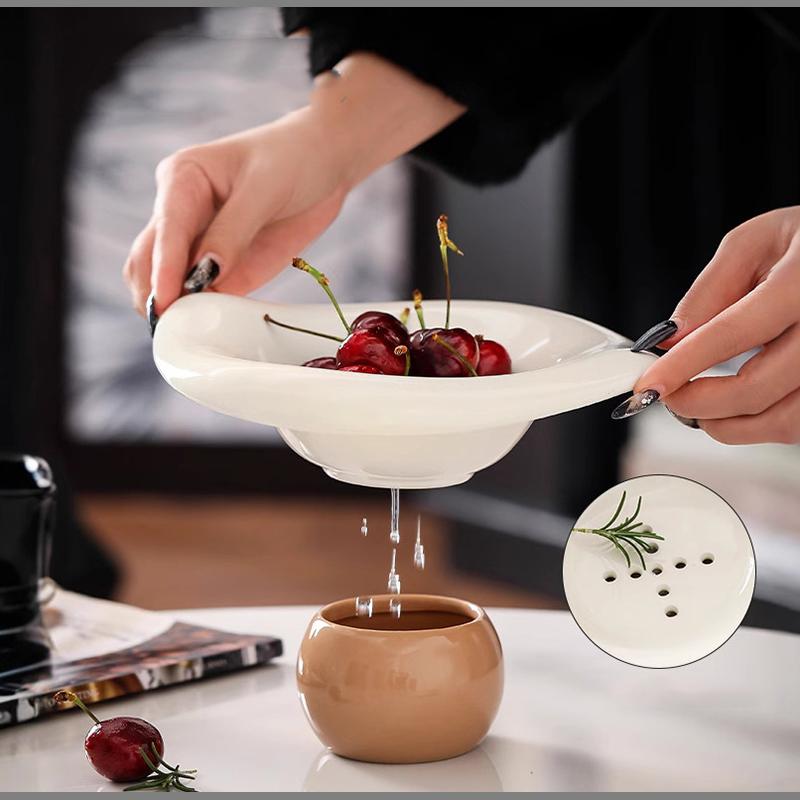 European Ceramic Fruit Bowl Delicate Drain Fruit Basket Household Irregular Candy Snacks Sundries Storage Tray Dried Fruit Box