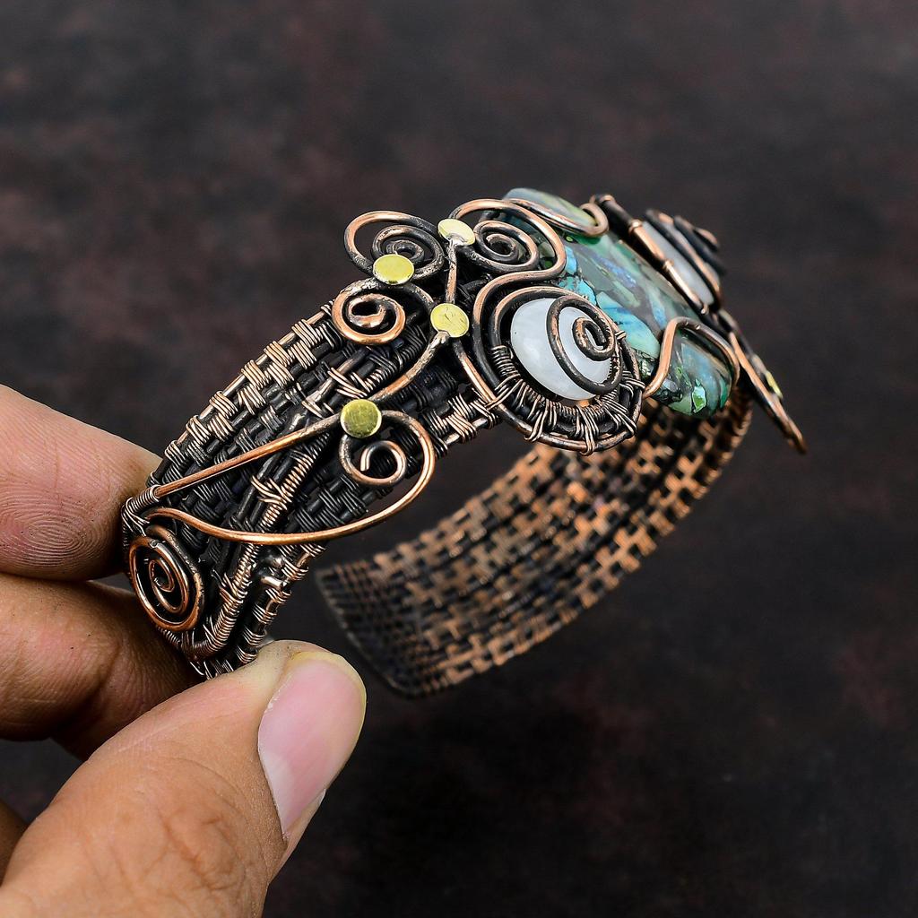 Copper Azurite Malachite Cuff Bracelet Copper Wire Wrapped Bangle Adjustable Cuff Bracelet Moonstone Bangle Handmade Dainty Gemstone Jewelry