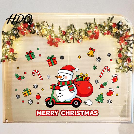 Decorative Glass Stickers Cute Snowman Scooter Christmas Static Window Cling Cartoon Merry Indoor Outdoor Holiday Decor Decal Waterproof Sticker for