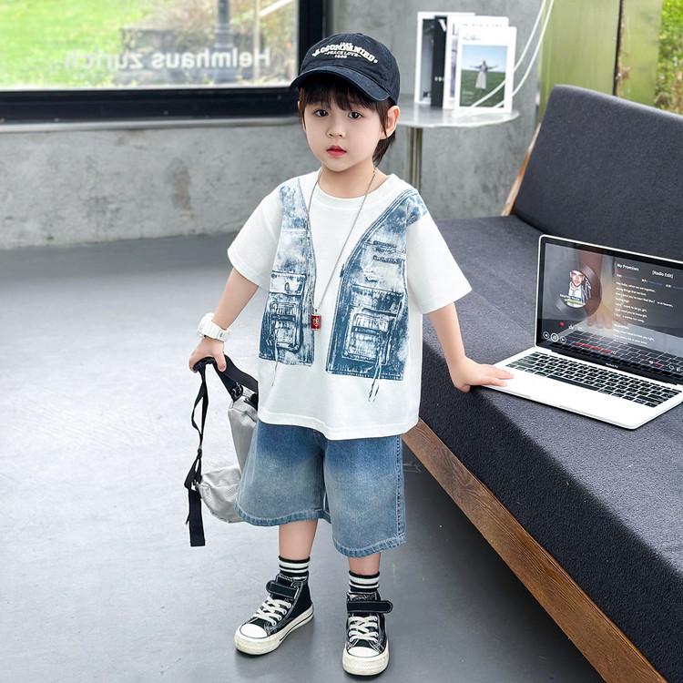 2026 Boys Summer Fashion Blue Vest & Denim Shorts Set 100 cm
