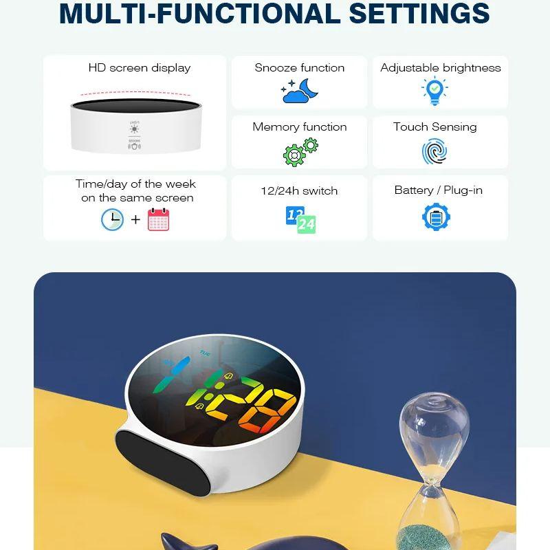 Color Mini Digital Alarm Clock Day of Week Touch Snooze Table Clock 2 Alarms 4 Level Brightness 12/24H Electronic LED Clock