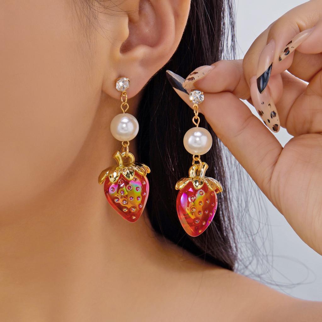 Flower Earrings Alloy Pearl Drop Jewelry For Women With Fruit Design For Casual Wear
