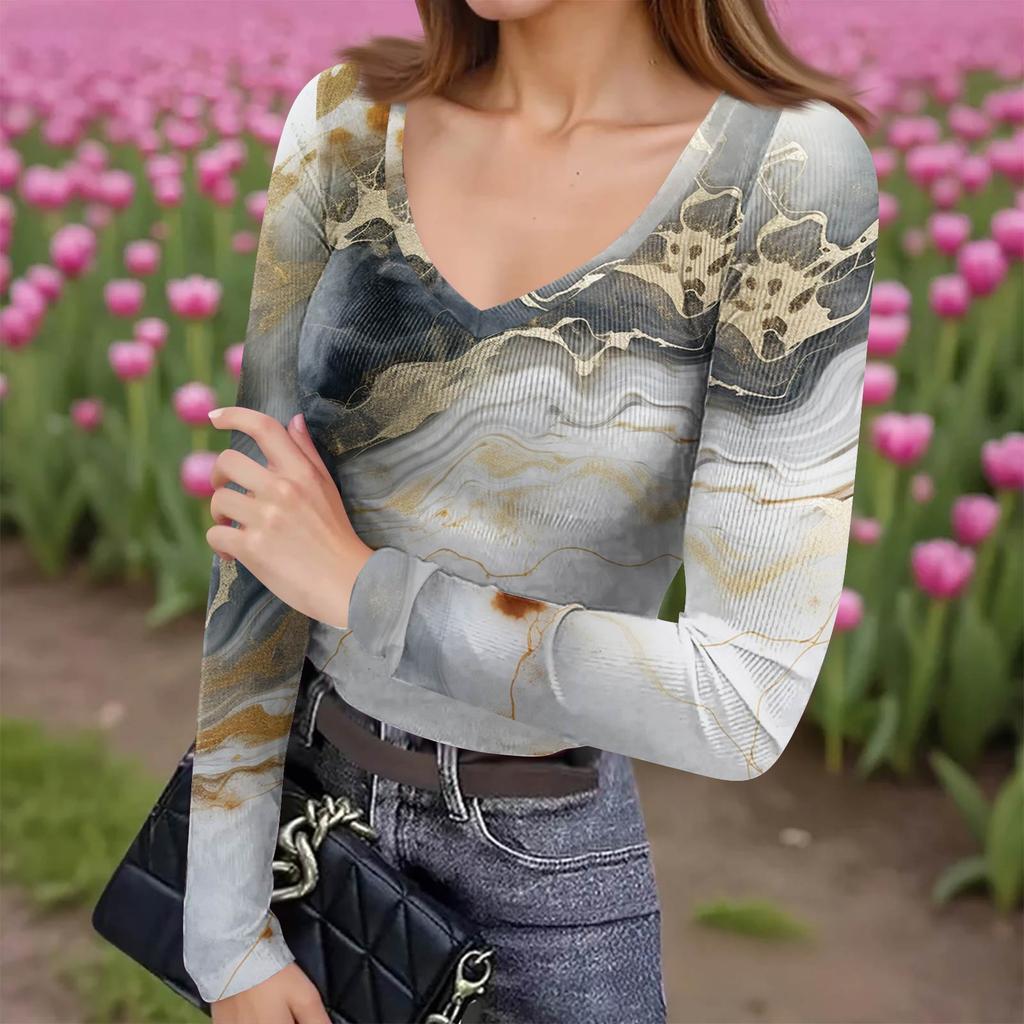 Women's Winter Slim-Fit Base Layer T-Shirt Fashionable Print V-Neck Pullover Long-Sleeved Top