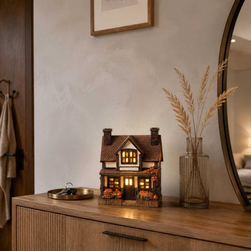 Lighted Pumpkin House Figurine Resin Cottage Statue Warm LED Lighted Decoration for Fall Table Centerpieces, Shelf Decors and Seasonal Home Display