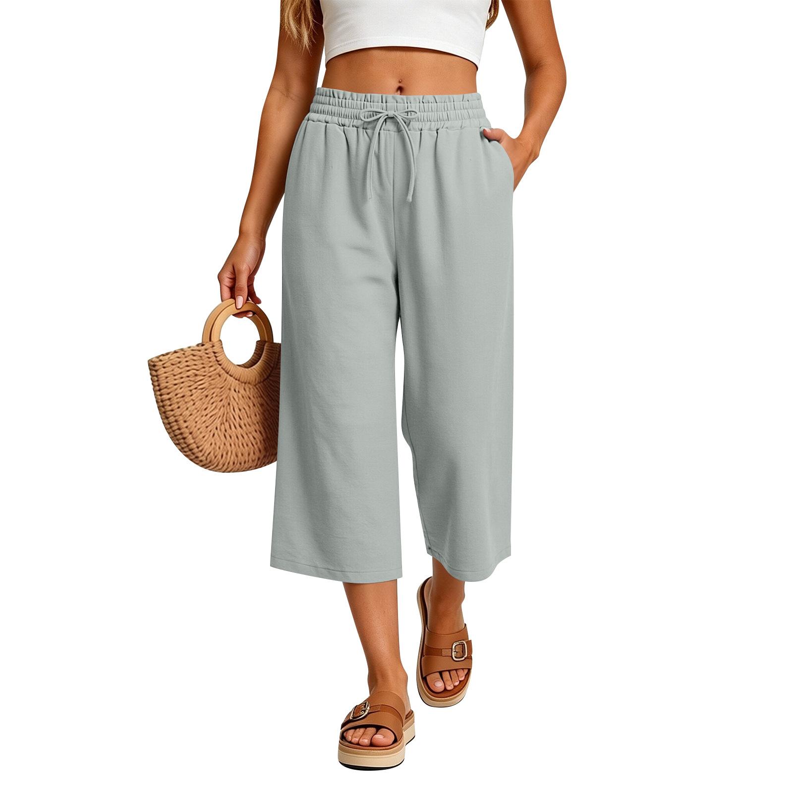 Women Linen Blend Elastic Waist Drawstring Cropped Wide Leg Pants S