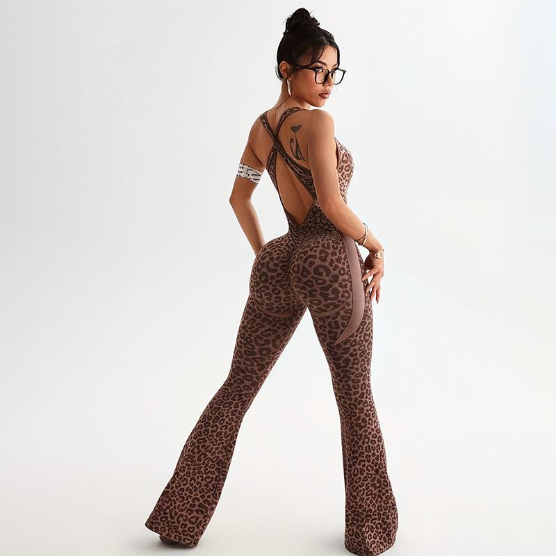 Leopard Print Cross-Back Yoga Set: Seamless Bodysuit & Flared Pants Medium