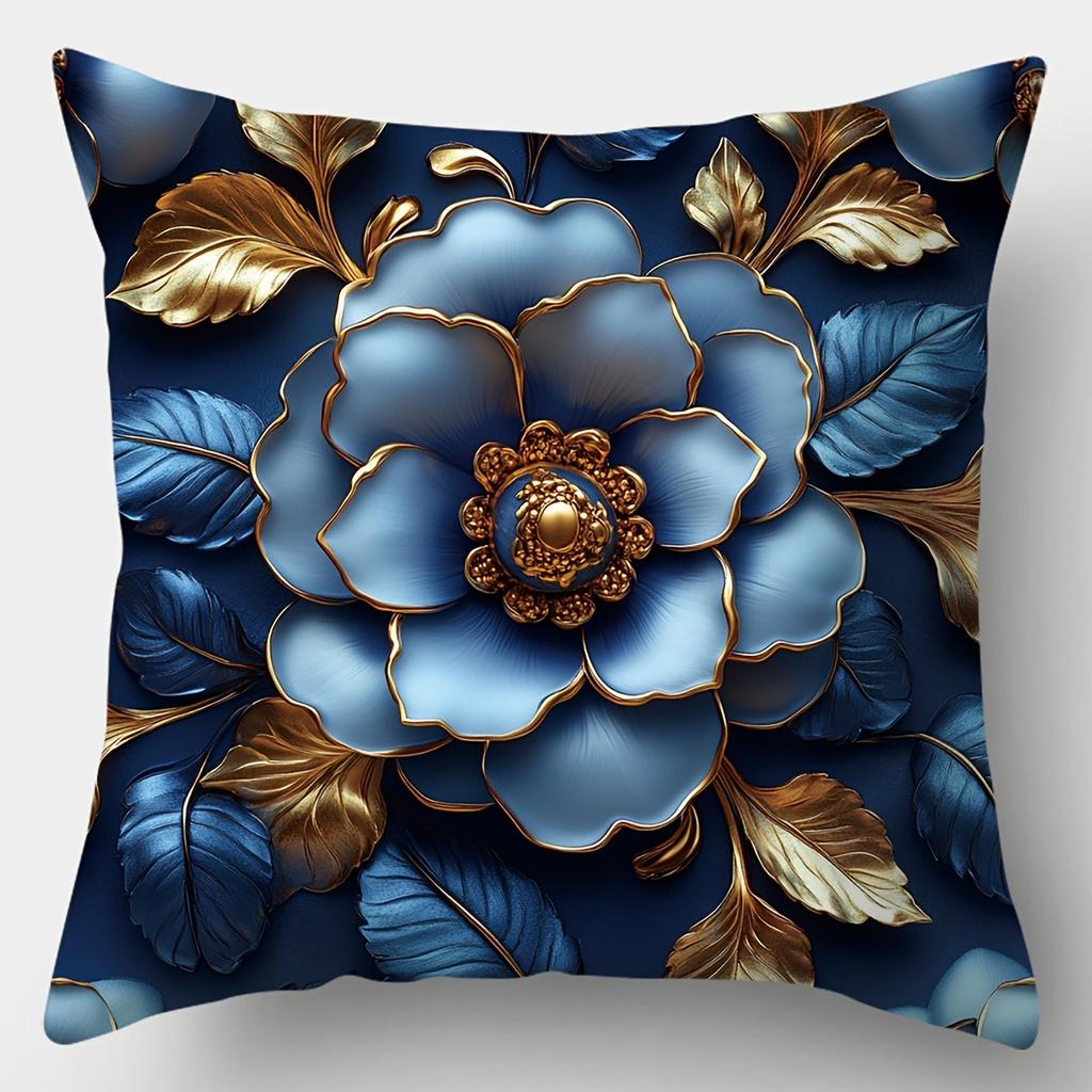 Blue Gold Floral Pattern Home Decor Pillow Cover Living Room Sofa Polyester Cushion Cover with Zipper