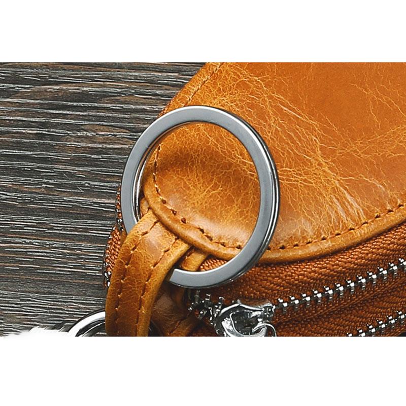 Vintage Unisex Leather Key Case with Double Zipper and Multi-Function - Soft Surface Oil Wax, Car Key Holder, Genuine Cowhide