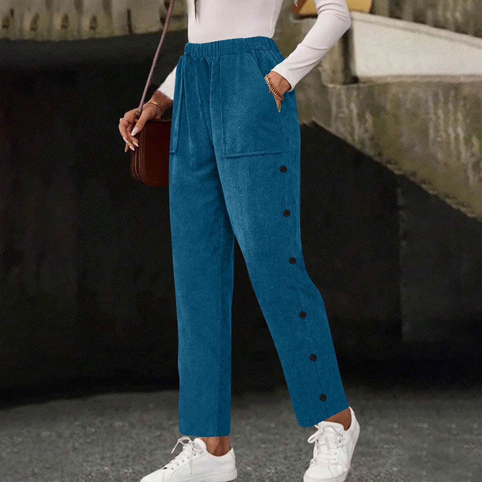 Women s Casual Fashion -Color Drawstring Loose Straight-Leg Pants With Pockets XXL