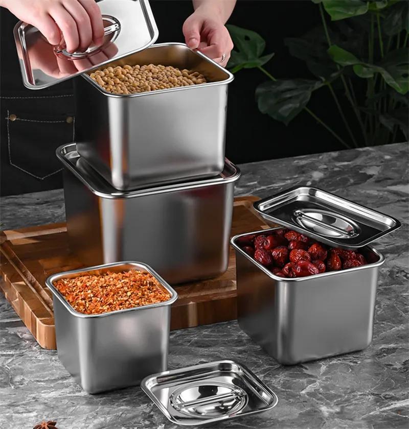 Stainless steel square barrel storage seasoning box with cover basin jars and lids spice jars set coriander Scallion oil bottle