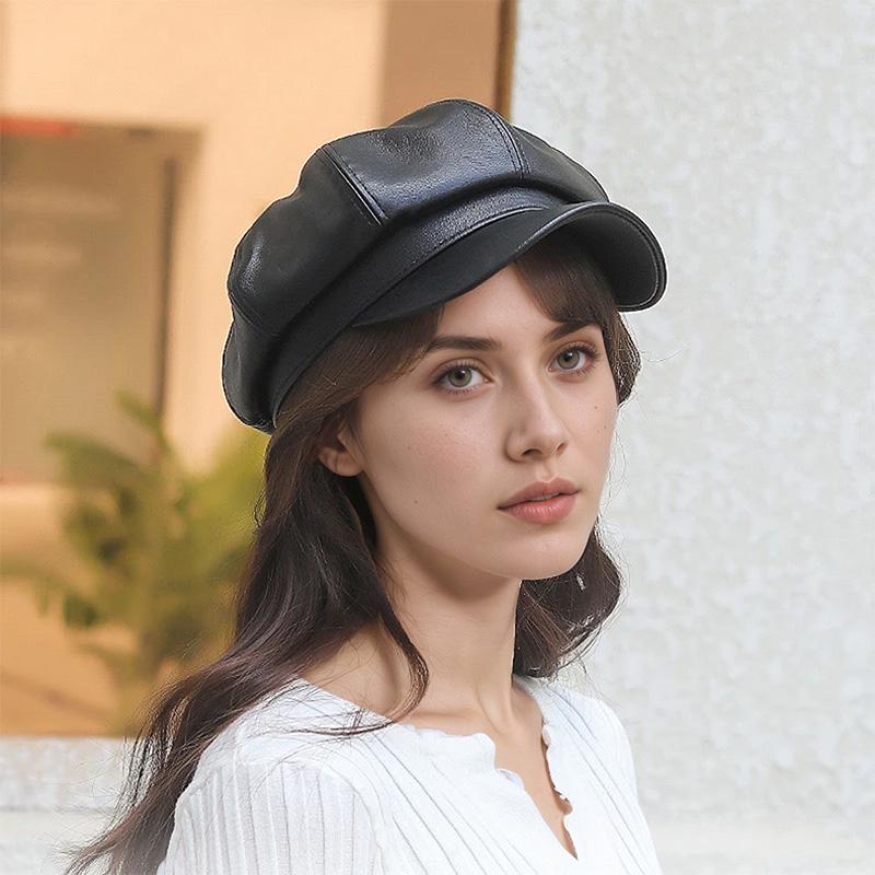 1PC PU Leather Winter Fall Peaked Caps Adjustable Painter Hat New Berets Women Hat Solid Color Beret Octagon Slimming Face
