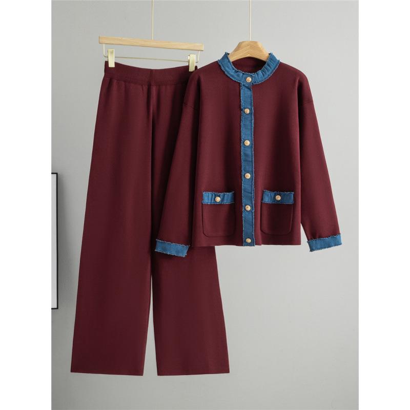 Women's Autumn Winter Knitted Denim Sweater & Wide Leg Pants Set