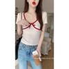 Koreanischer Stil Sommer 2025 Damen Schlankmachendes Kurzarm Schleife Farbblock V-Ausschnitt Top
