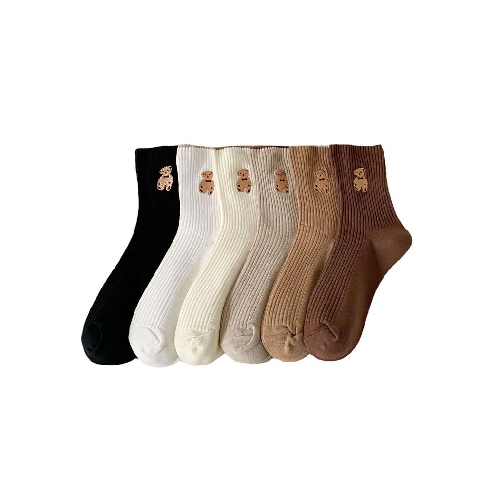 21 New Products Embroidered Bear Socks For Women, Simple And Cute College Style Socks, Casual Solid Color Medium Tube Socks Cotton.