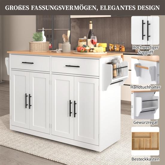 Serving Trolley with Folding Table Top, 120x46(70)x91cm, White, with Castors And Interchangeable Wooden Legs, Ideal for Kitchen And Dining Room