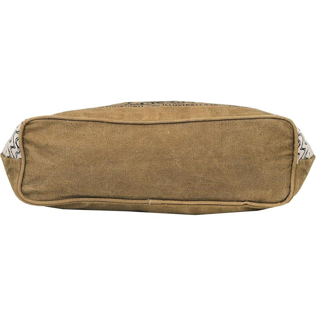 LEATHER Tote Bag, Canvas Shoulder Bag with Leather, 16x13x4 inches, Bicycle Print - Khaki, for Women