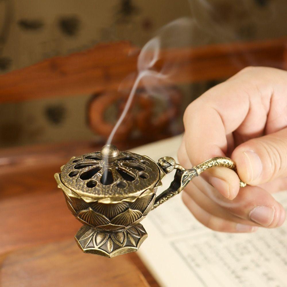 Home Vintage Ornaments Alloy Lotus Hand Stove Small With Cover Brass Incense Holder Retro Copper Hollow Out Incense Burner Patio