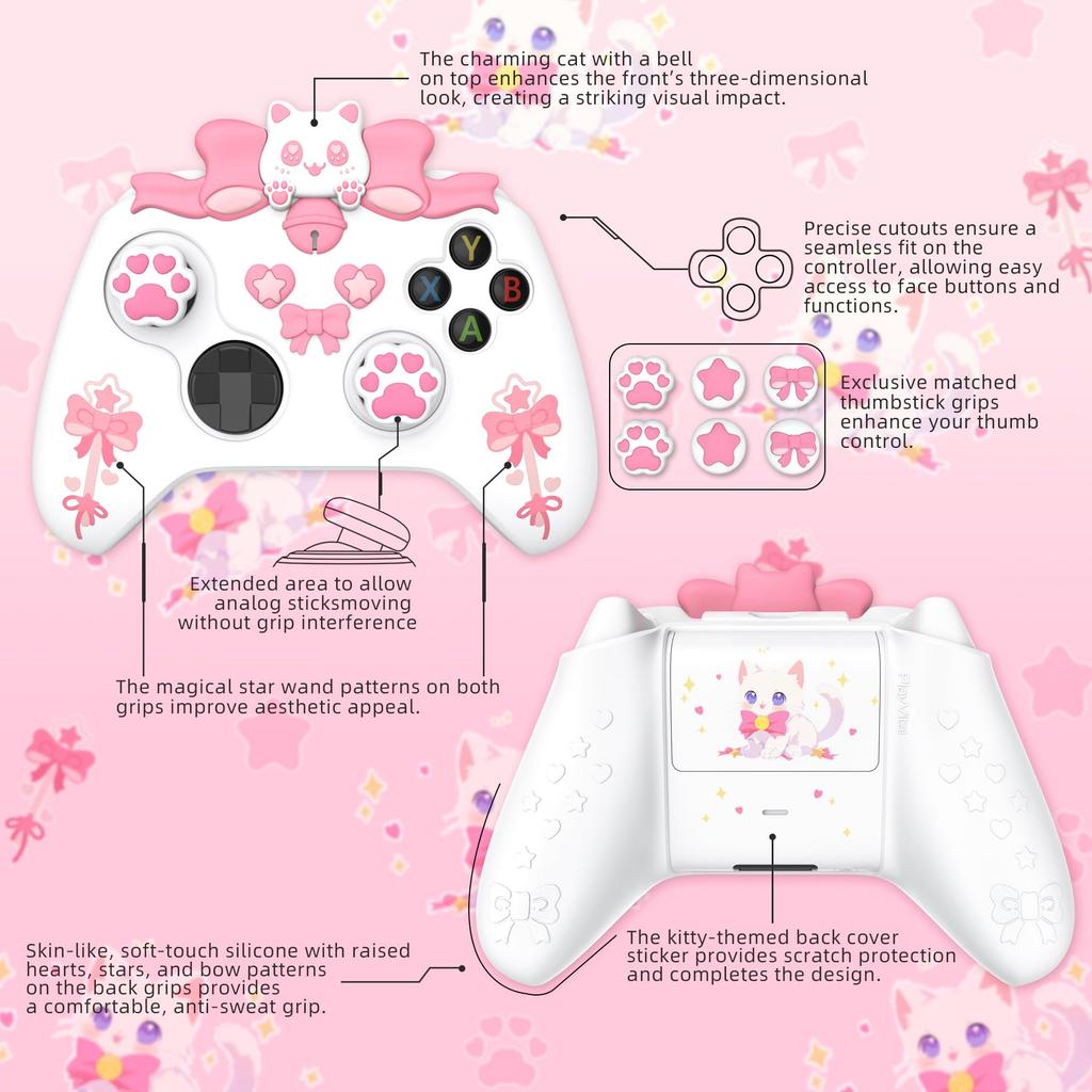 PlayVital Sweetheart Kitty Silicone Cover for Xbox Series Includes Thumb Grips and Cute Grip Cover X/S Controllers, Stickers, Design, Non-Slip [White]
