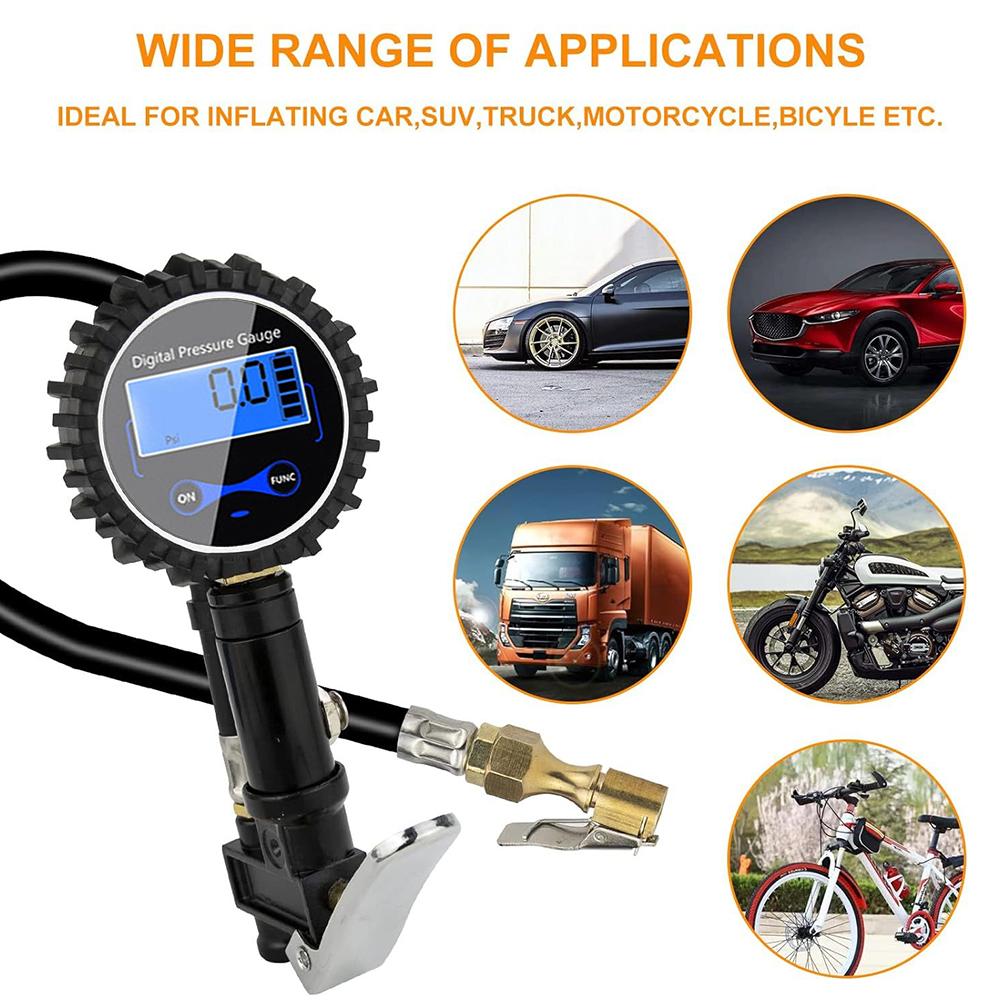 Universal Tire Pressure Inflator Gauge Aluminum Alloy Inflation Monitoring Manometer Air Line Clip-on Tyre Pump LCD Digital