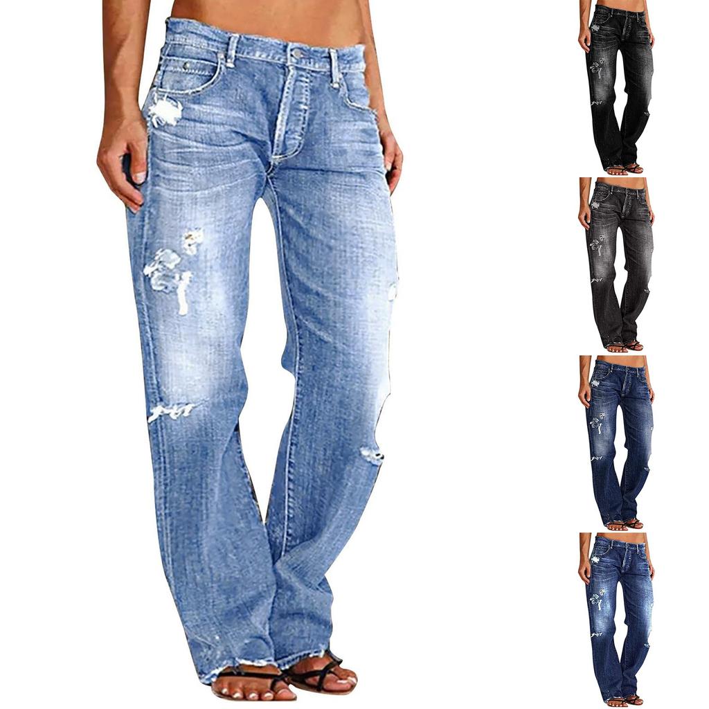 Women's High Waist Straight Loose Lace Stretch Lightweight Fashion Jeans