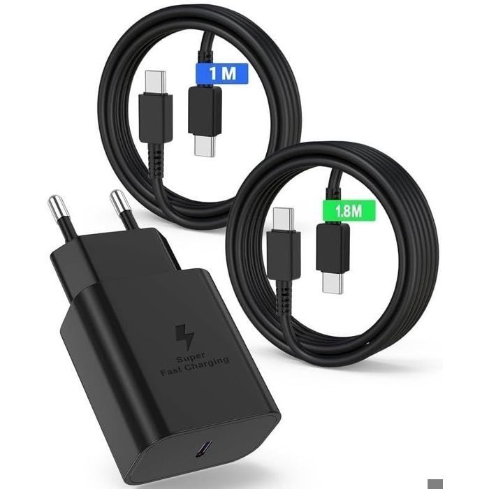 Chargeur Rapide USB-C 25W - E.F.CONNECTION - Noir - Câble 1m et 1.8m - Compatible Samsung Galaxy S25