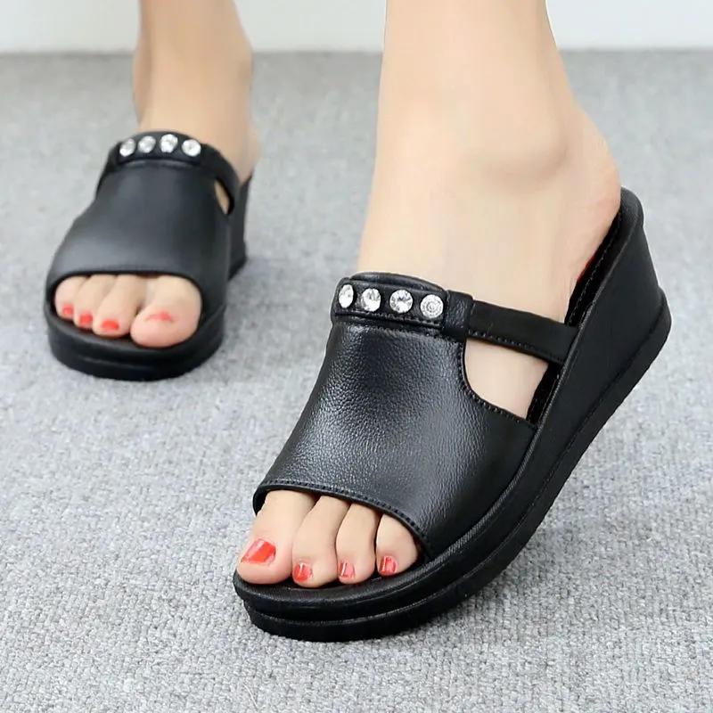 zapatos de mujer women fashion sweet spring slip on wedge heel sandals for home & beach lady classic comfort black shoes ab287