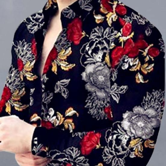Eye-catching Men Shirt Fine Workmanship Polyester Long Sleeve Flower Pattern Men Shirt Top for Daily