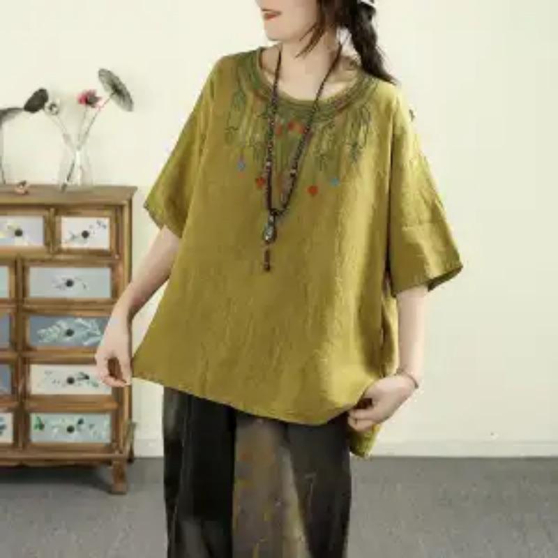 Women's Red Linen Blend Half Sleeve Blouse Ethnic Embroidery Loose Fit Casual Top