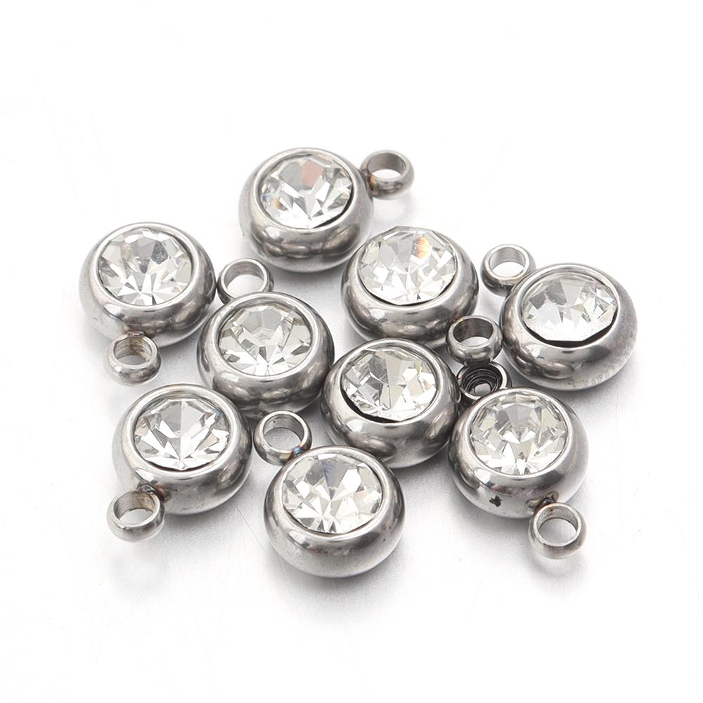 10Pcs Mini Birthstone Charms Stainless Steel Round Rhinestone Crystal Pendant for Jewelry Making DIY Necklace Bracelet Findings
