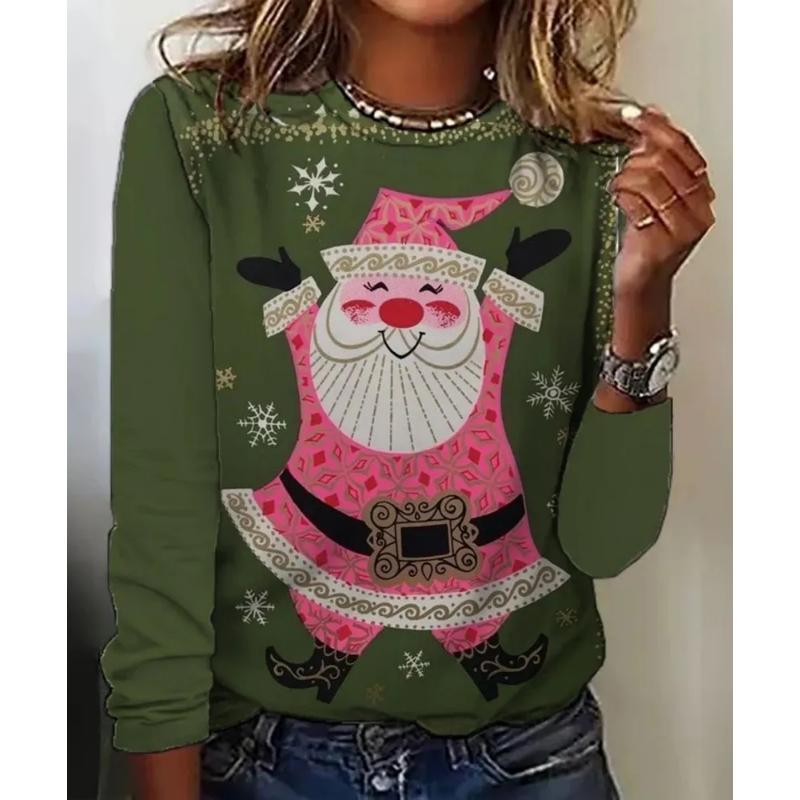 Fashion Women's Crew Neck Long Sleeve 3D Casual Color Printing Casual Long Sleeve Crew Neck T-Shirt