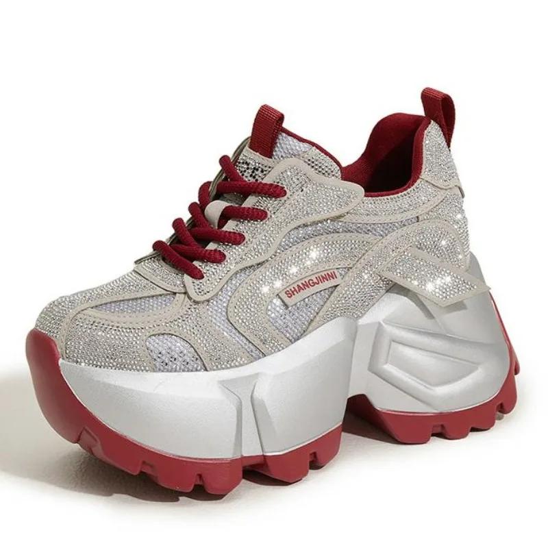 Fashion High Quality 11CM Microfiber Leather 2025 Spring Shoes Ankle Booties Women Vulcanize Chunky Sneakers Platform Wedge Bling Autumn