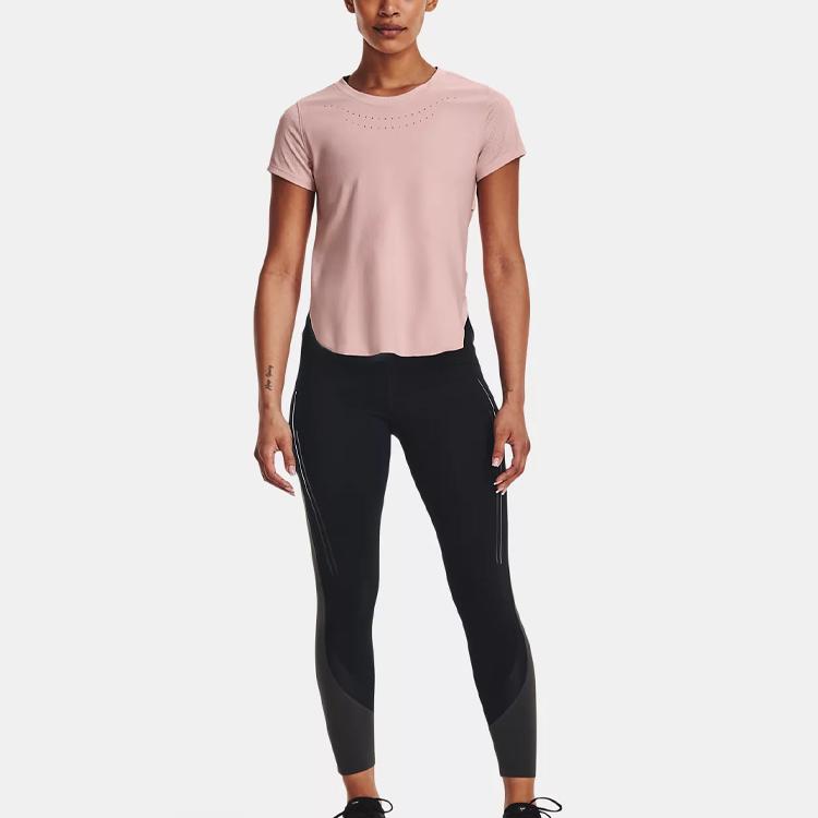 Under Armour Jednobarevná záda, dutý potisk, síťovina, prodyšné, běžecké tričko s krátkým rukávem, dámské topy, starorůžová 1369800-676