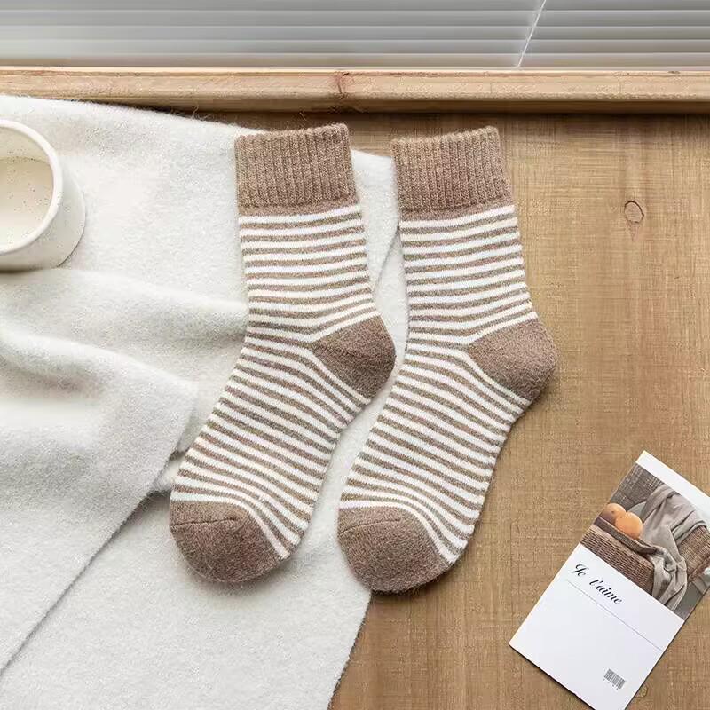 Korean Style Striped Terry Mid-Calf Socks - Thick, Warm, and Versatile for Autumn/Winter