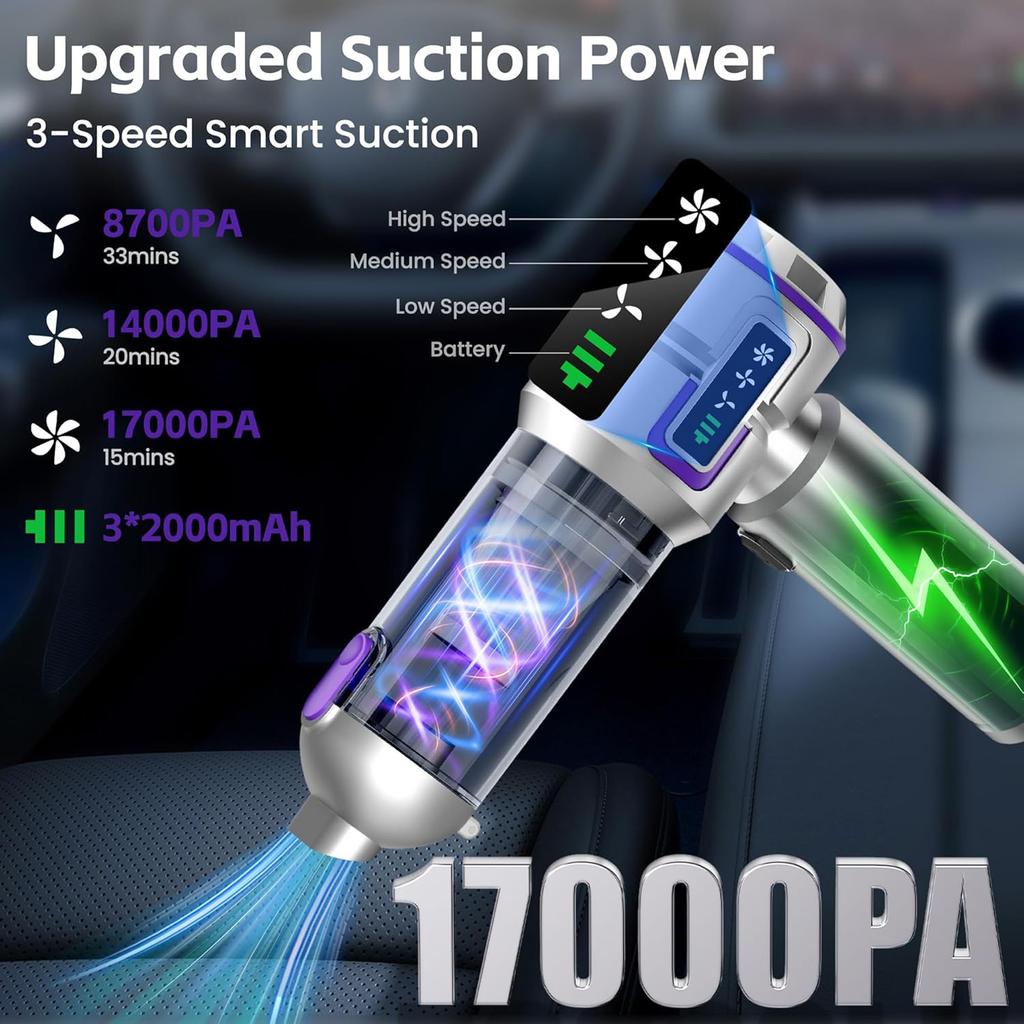Handheld Car Vacuum Cordless, 17000Pa  Vacuum Cleaner with Brushless Motor, Rechargeable Portable Car Cleaner with Multiple Nozzles for Home, , ,