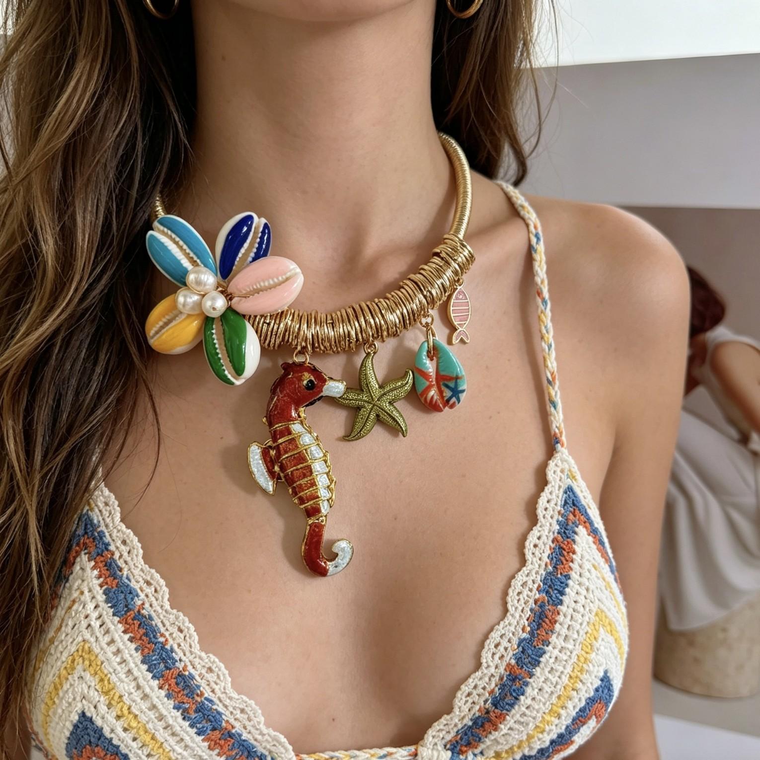 

Accessories, metal multicolored flower seahorse pendant necklace, beaded creative collarbone item