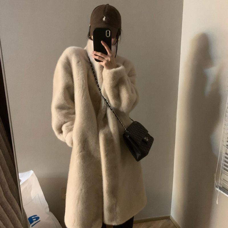 

Женское теплое зимнее осеннее длинное пальто из искусственного меха с длинным рукавом, элегантное длинное зимнее пальто с воротником-лацканами, стильные уличные пальто M