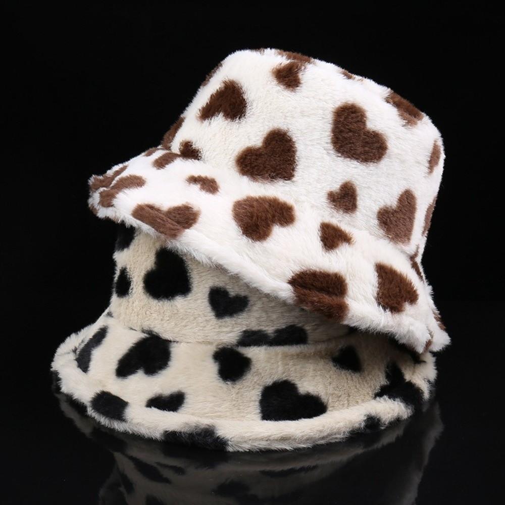 Faux Fur Love Heart Bucket Hat Thicken Winter Plush Hat Retro Plush Fisherman Hat  Autumn