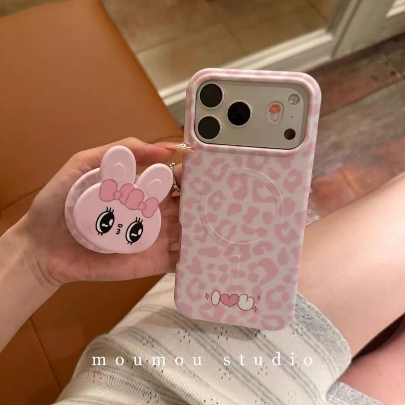Ancient Pink Leopard Print Rabbit Magnetic Suction Bracket for iPhone17promax Apple 16 Mobile Phone Case 15 New Models