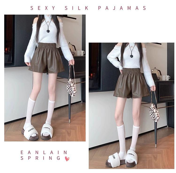 Women's High-Waist Black Leather Shorts: Small, Wide-Leg, Casual Autumn/Winter Base Layer.